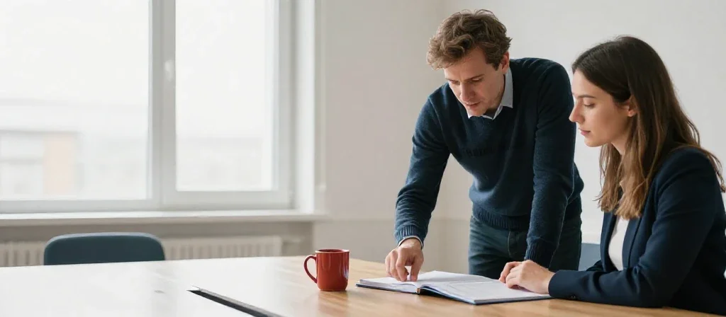 Un formateur accompagne une collaboratrice lors d'une session de formation continue en entreprise.